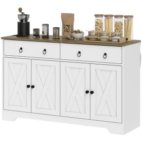 Kitchen Storage Sideboard, Farmhouse Buffet Cabinet with Barn Style Doors, Drawers, Adjustable Shelves, White