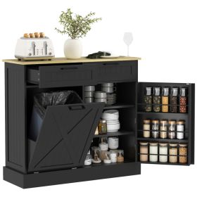 10 Gallon Farmhouse Kitchen Cabinet with Hidden Trash Can and 2 Drawers, Tilt Out Trash Can Cabinet for Kitchen, Black
