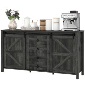 60" Buffet Cabinet, Farmhouse Sideboard with Sliding Barn Doors, Drawers and Adjustable Shelves, Distressed Dark Gray