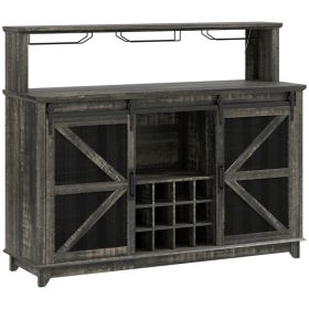 55" Coffee Bar Cabinet with Lights, Farmhouse Wine Cabinet with Wine and Glass Racks for Kitchen, Dining Room, Brown